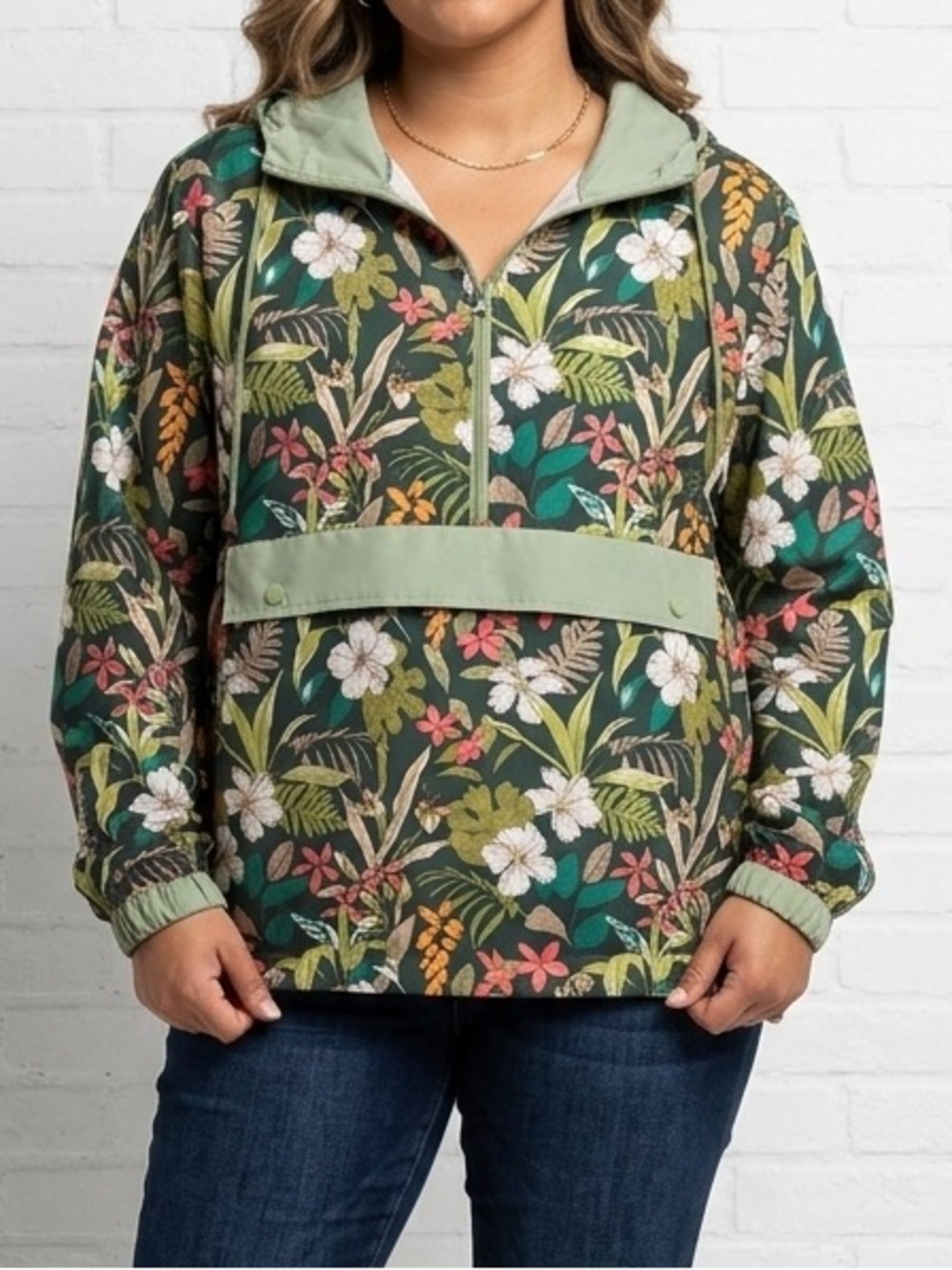 Massive Botanical Print Rain Jacket Pullover Half Zip Hoodie Large